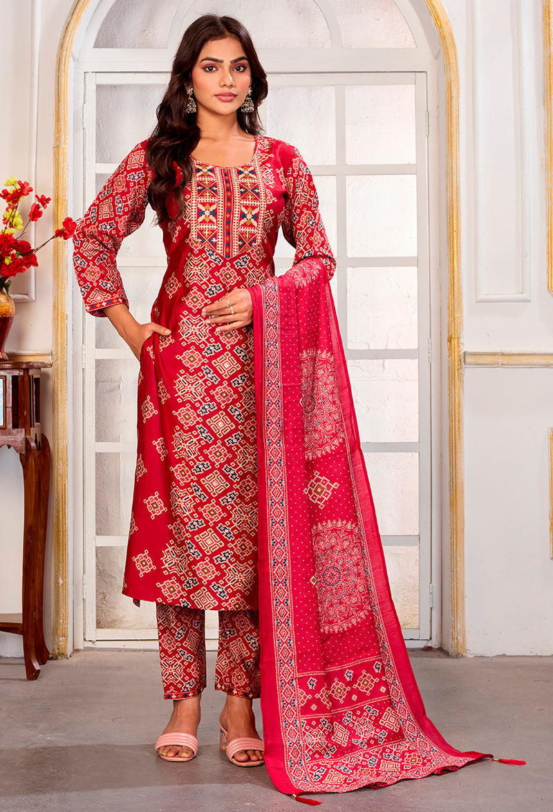 Monjolika Fashion Red Chanderi Embroidered Work Party Pant Style Suit | Grocsy