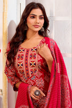 Monjolika Fashion Red Chanderi Embroidered Work Party Pant Style Suit | Grocsy