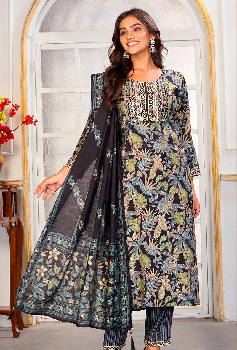 Monjolika Fashion Black Chanderi Embroidered Work Party Pant Style Suit | Grocsy