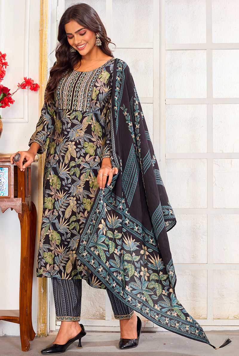 Monjolika Fashion Black Chanderi Embroidered Work Party Pant Style Suit | Grocsy