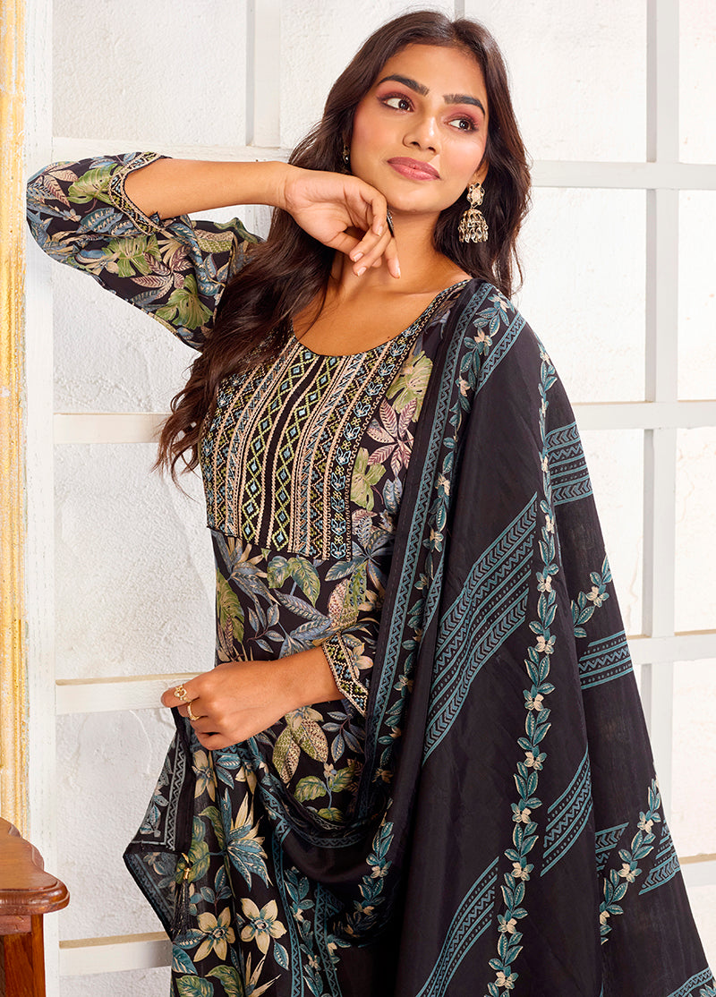 Monjolika Fashion Black Chanderi Embroidered Work Party Pant Style Suit | Grocsy