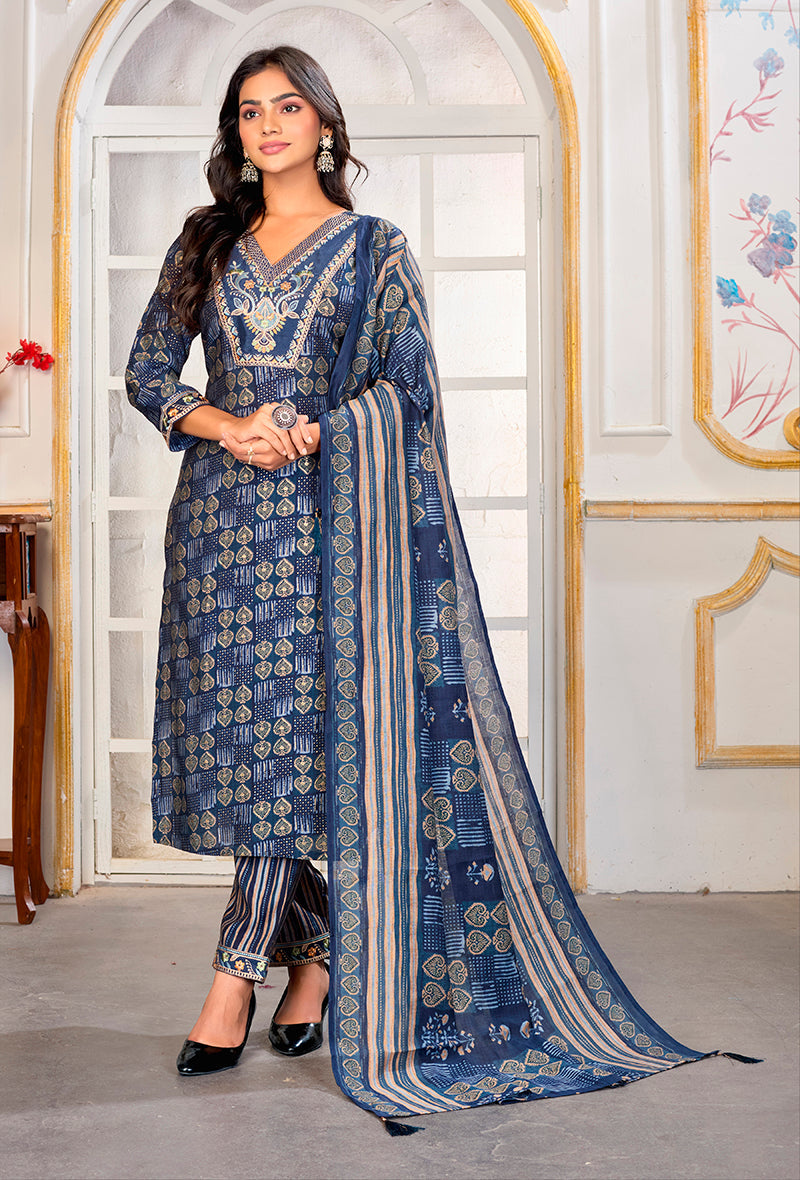 Monjolika Fashion Blue Chanderi Embroidered Work Party Pant Style Suit | Grocsy