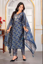 Monjolika Fashion Blue Chanderi Embroidered Work Party Pant Style Suit | Grocsy