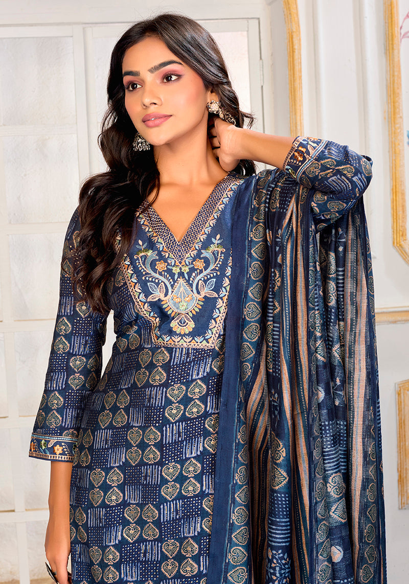 Monjolika Fashion Blue Chanderi Embroidered Work Party Pant Style Suit | Grocsy