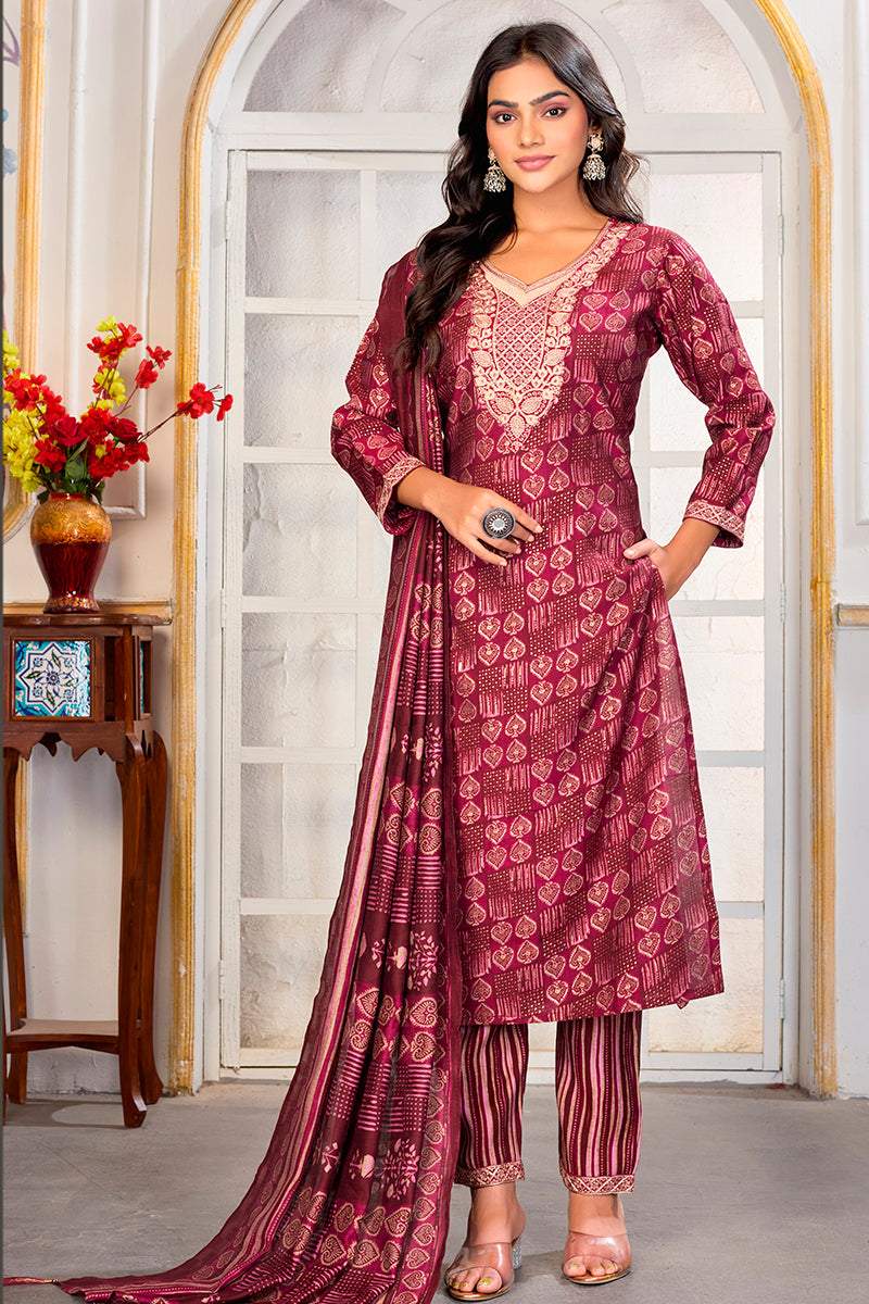 Monjolika Fashion Crimson Chanderi Silk Embroidered Work Party Pant Style Suit | Grocsy