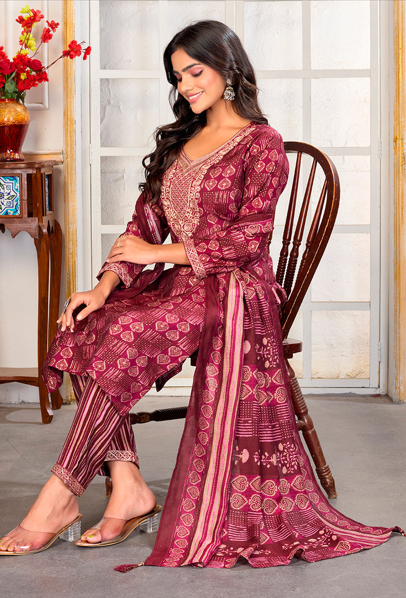 Monjolika Fashion Crimson Chanderi Silk Embroidered Work Party Pant Style Suit | Grocsy