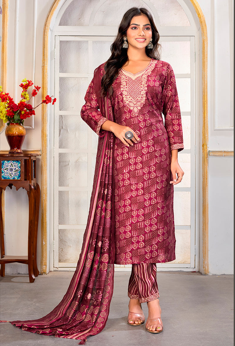 Monjolika Fashion Crimson Chanderi Silk Embroidered Work Party Pant Style Suit | Grocsy