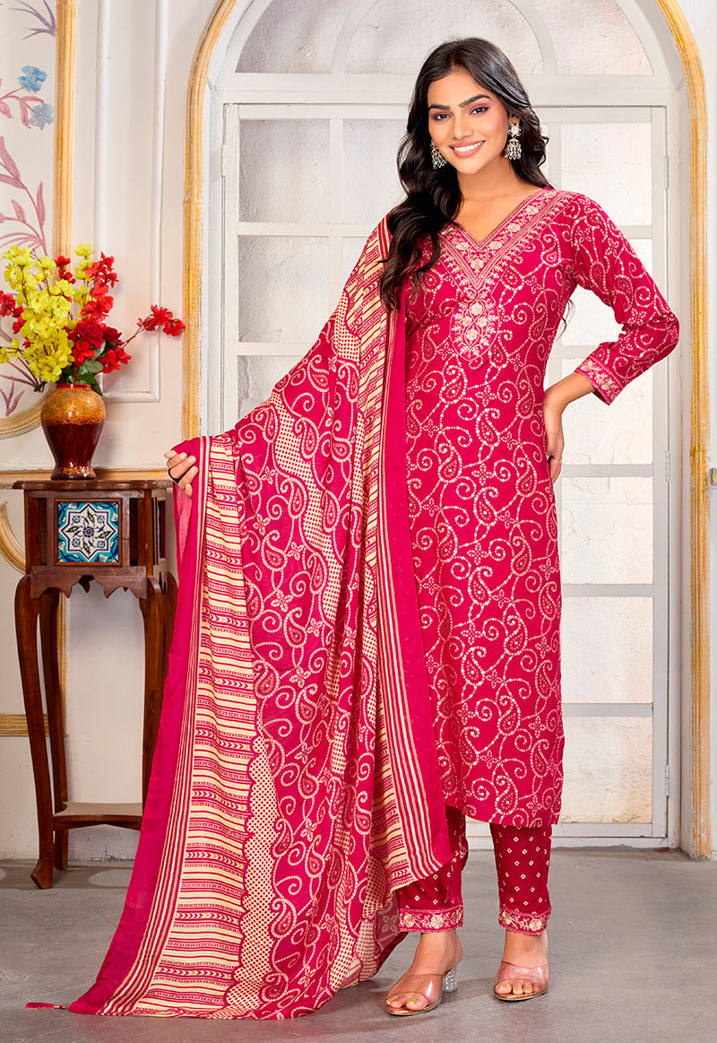 Monjolika Fashion Pink Rayon Printed Party Wear Pant Style Suit | Grocsy