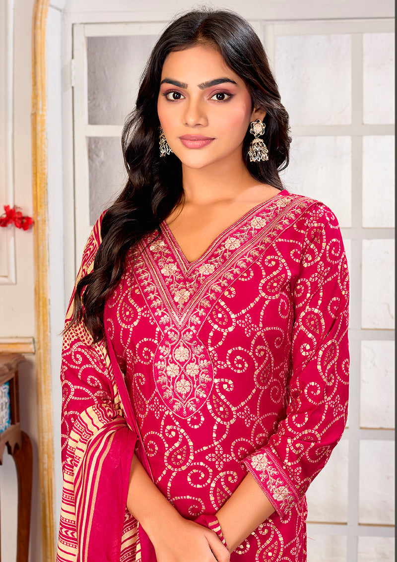 Monjolika Fashion Pink Rayon Printed Party Wear Pant Style Suit | Grocsy