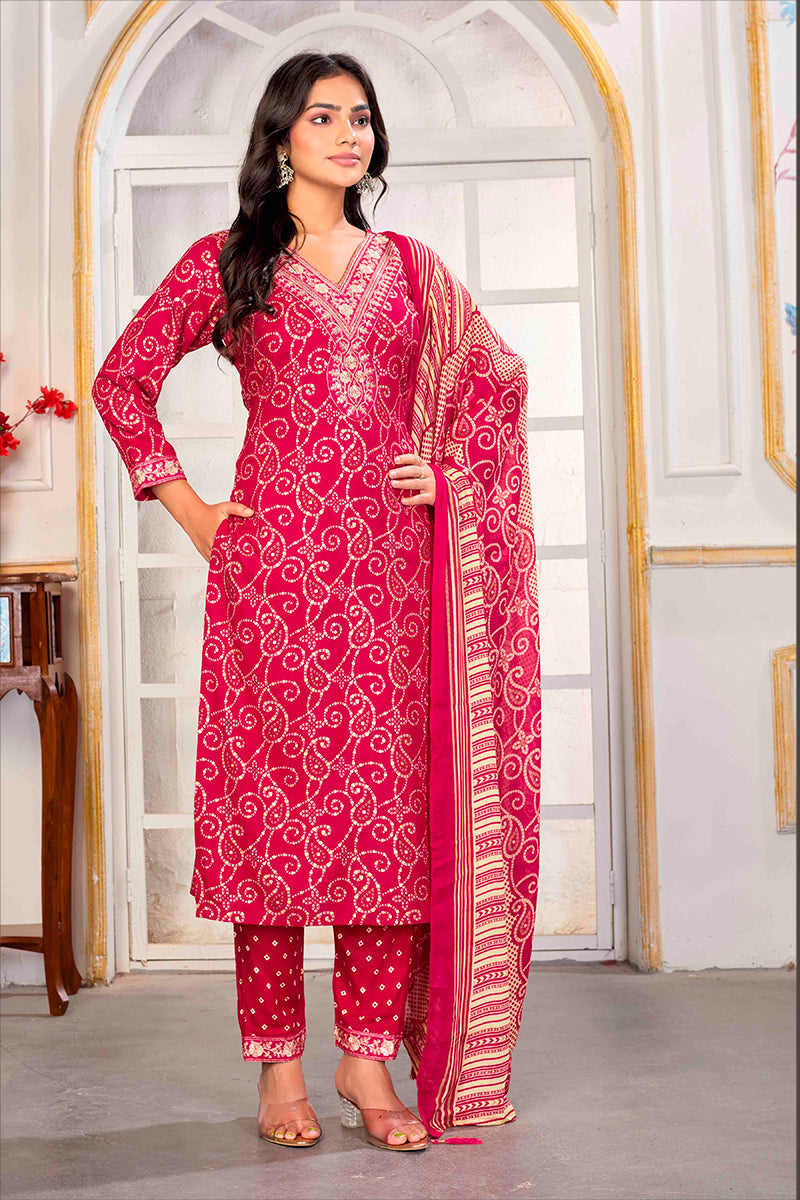 Monjolika Fashion Pink Rayon Printed Party Wear Pant Style Suit | Grocsy