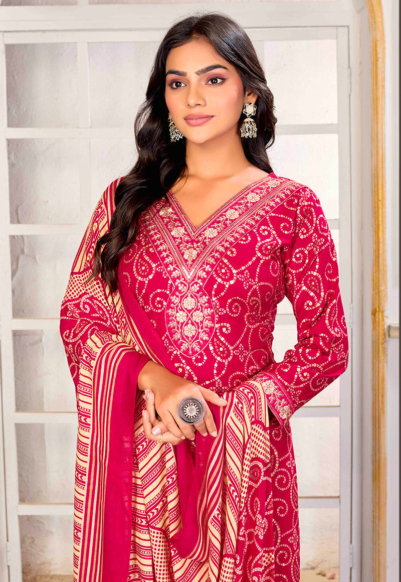 Monjolika Fashion Pink Rayon Printed Party Wear Pant Style Suit | Grocsy