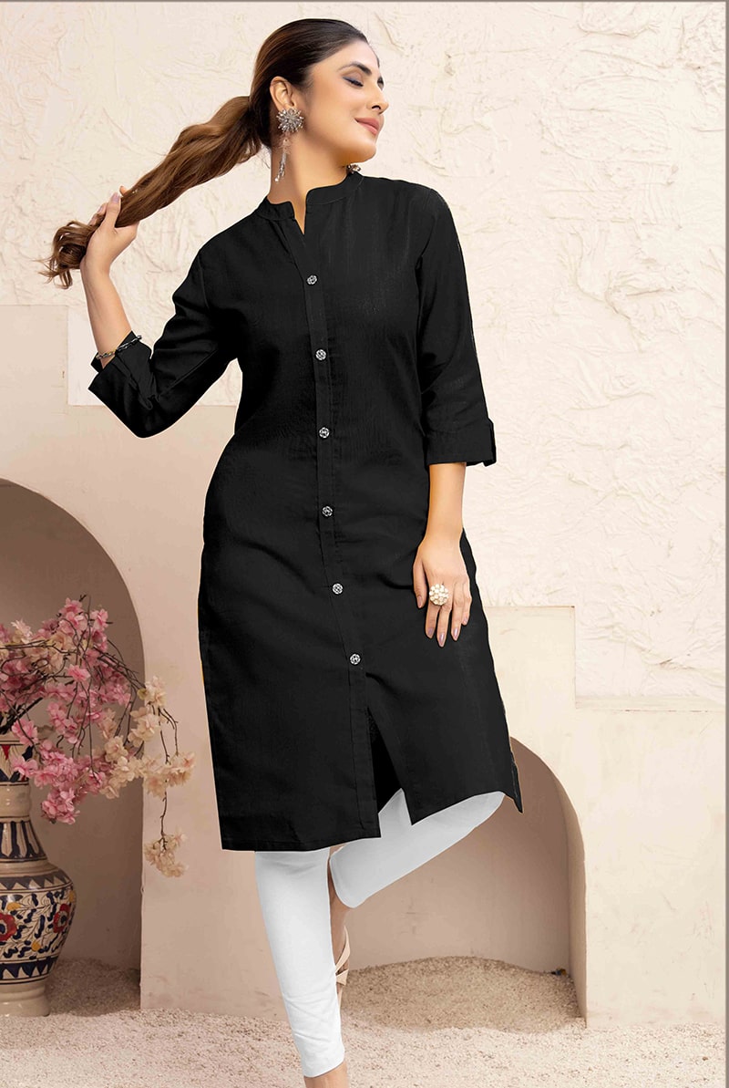 Monjolika Fashion Black Color Cotton Casual Kurti With Pocket | Grocsy