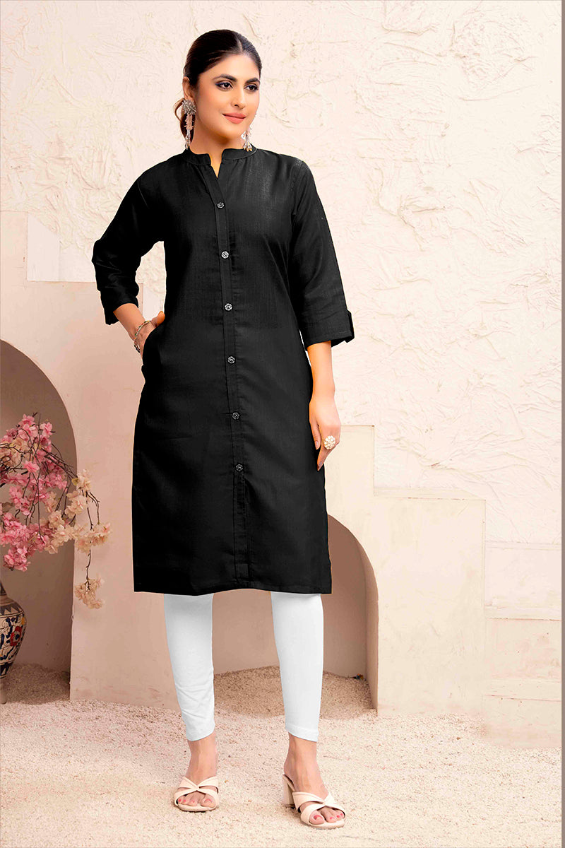 Monjolika Fashion Black Color Cotton Casual Kurti With Pocket | Grocsy