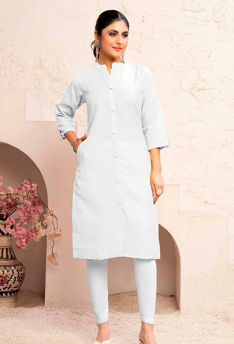Monjolika Fashion White Color Cotton Casual Kurti With Pocket | Grocsy
