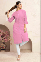 Monjolika Fashion Light Pink Color Cotton Casual Kurti With Pocket | Grocsy