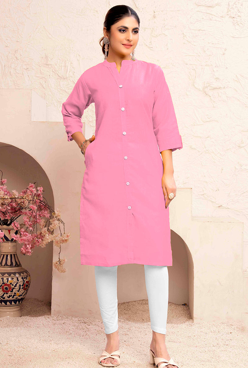 Monjolika Fashion Light Pink Color Cotton Casual Kurti With Pocket | Grocsy