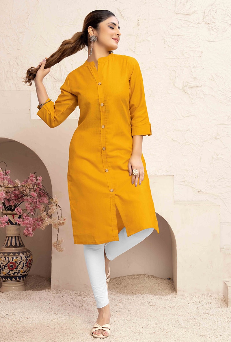 Monjolika Fashion Mustard Yellow Color Cotton Casual Kurti With Pocket | Grocsy