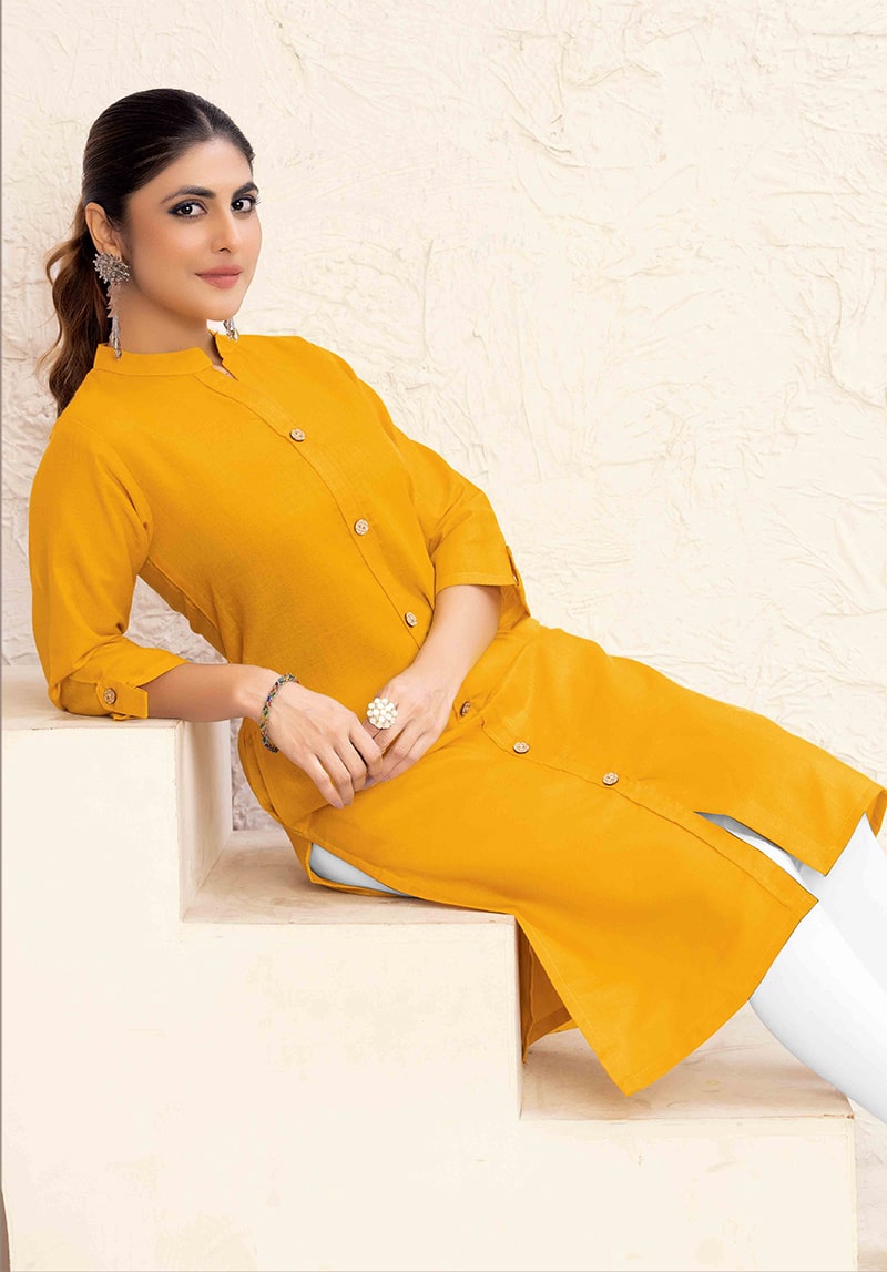 Monjolika Fashion Mustard Yellow Color Cotton Casual Kurti With Pocket | Grocsy