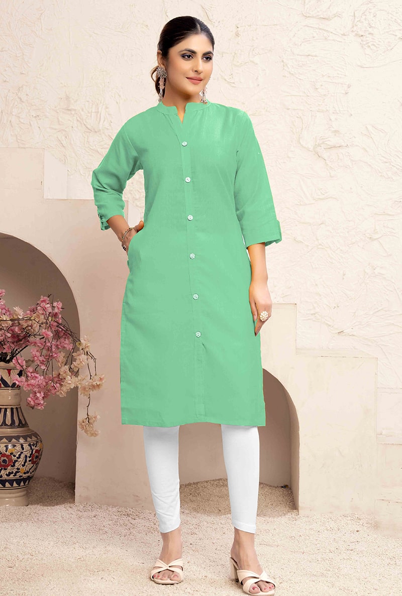 Monjolika Fashion Sea Green Color Cotton Casual Kurti With Pocket | Grocsy