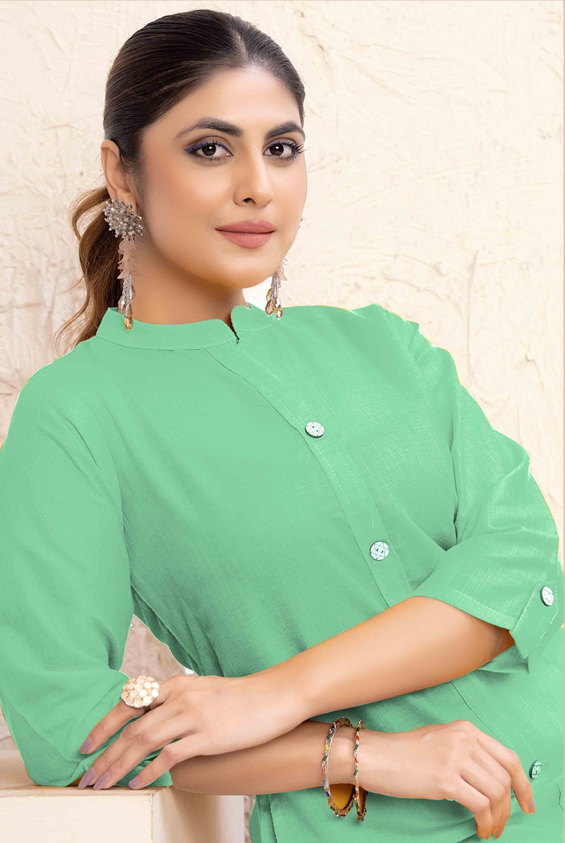 Monjolika Fashion Sea Green Color Cotton Casual Kurti With Pocket | Grocsy