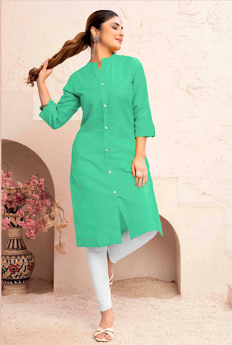 Monjolika Fashion Sea Green Color Cotton Casual Kurti With Pocket | Grocsy