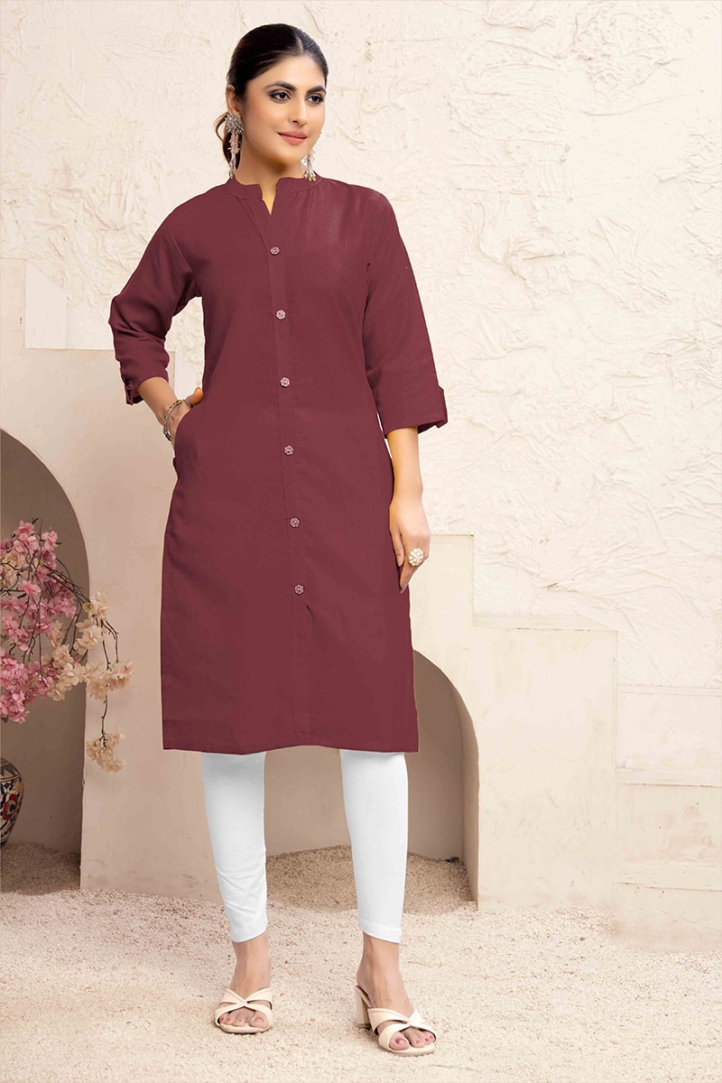 Monjolika Fashion Brown Color Cotton Casual Kurti With Pocket | Grocsy