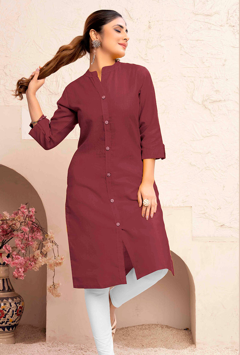 Monjolika Fashion Brown Color Cotton Casual Kurti With Pocket | Grocsy