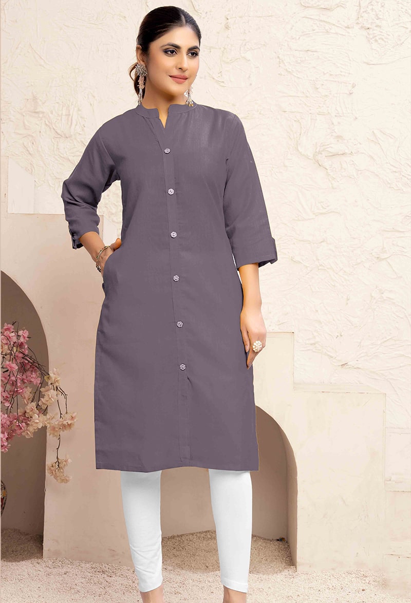 Monjolika Fashion Grey Color Cotton Casual Kurti With Pocket | Grocsy