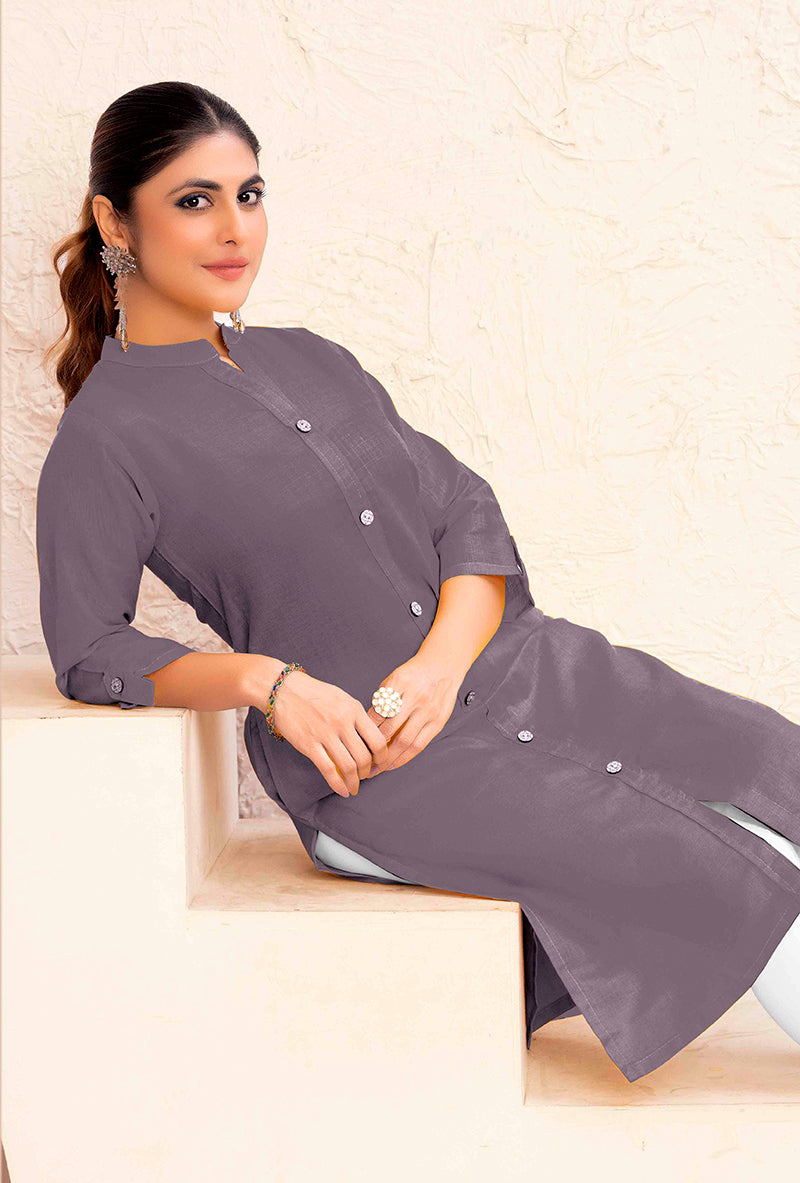 Monjolika Fashion Grey Color Cotton Casual Kurti With Pocket | Grocsy
