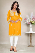 Monjolika Fashion Mustard Yellow Colour Embroidered Georgette Casual Kurti | Grocsy