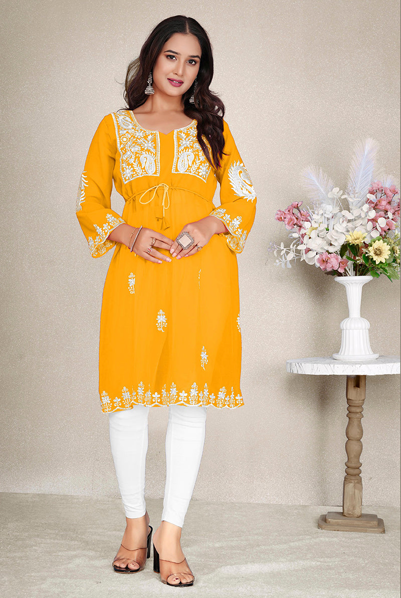 Monjolika Fashion Mustard Yellow Colour Embroidered Georgette Casual Kurti | Grocsy