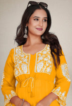 Monjolika Fashion Mustard Yellow Colour Embroidered Georgette Casual Kurti | Grocsy