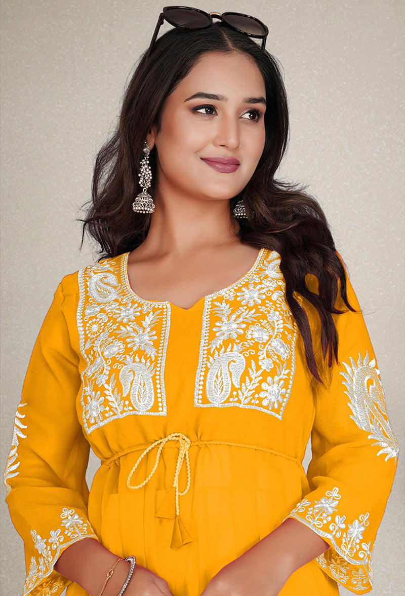 Monjolika Fashion Mustard Yellow Colour Embroidered Georgette Casual Kurti | Grocsy