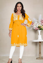 Monjolika Fashion Mustard Yellow Colour Embroidered Georgette Casual Kurti | Grocsy