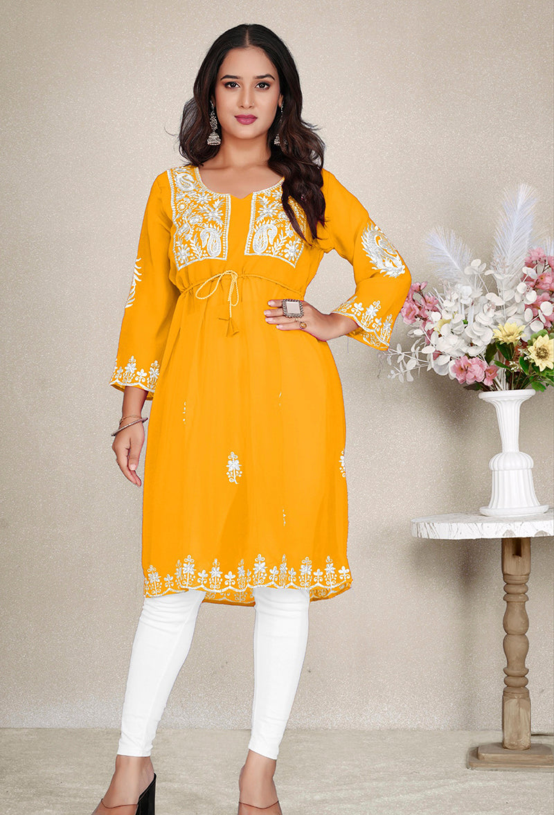 Monjolika Fashion Mustard Yellow Colour Embroidered Georgette Casual Kurti | Grocsy