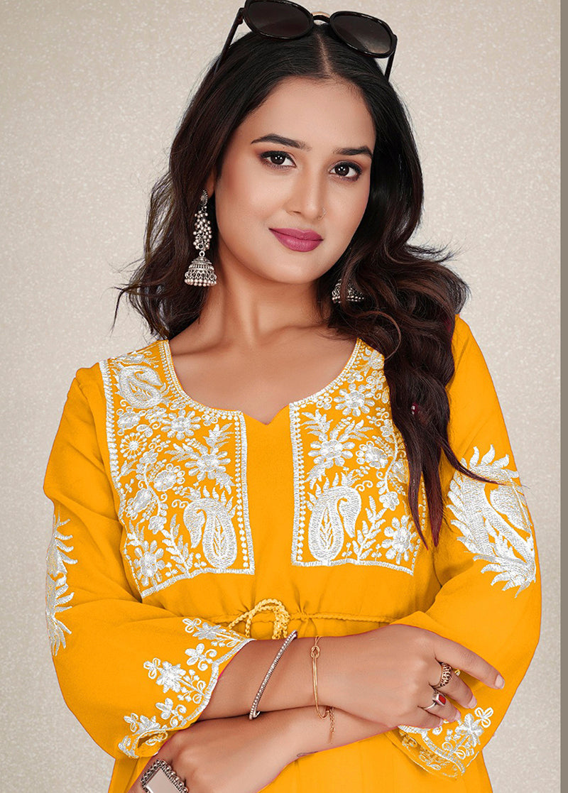 Monjolika Fashion Mustard Yellow Colour Embroidered Georgette Casual Kurti | Grocsy