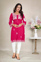 Monjolika Fashion Rani Pink Colour Embroidered Georgette Casual Kurti | Grocsy