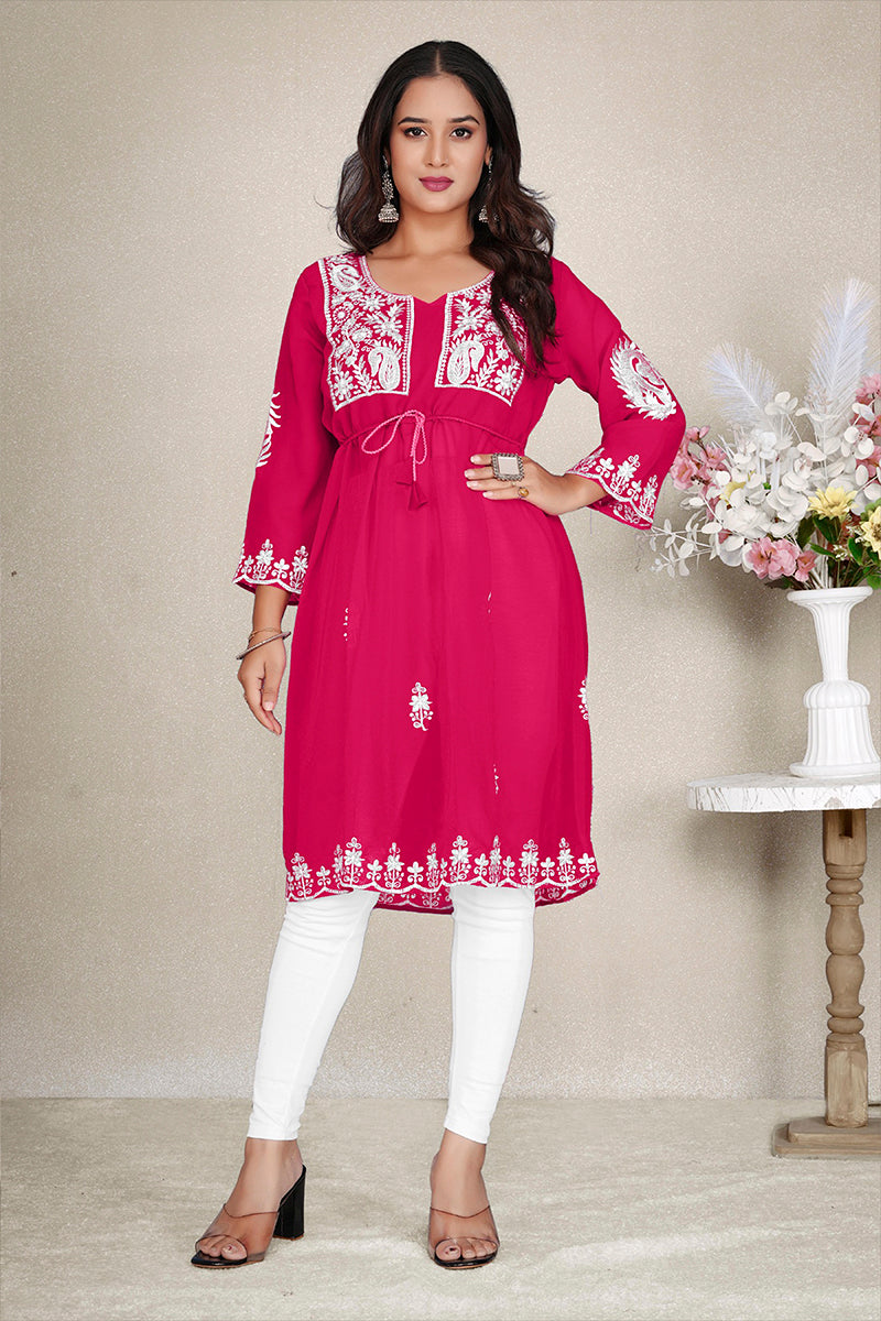 Monjolika Fashion Rani Pink Colour Embroidered Georgette Casual Kurti | Grocsy