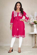 Monjolika Fashion Rani Pink Colour Embroidered Georgette Casual Kurti | Grocsy