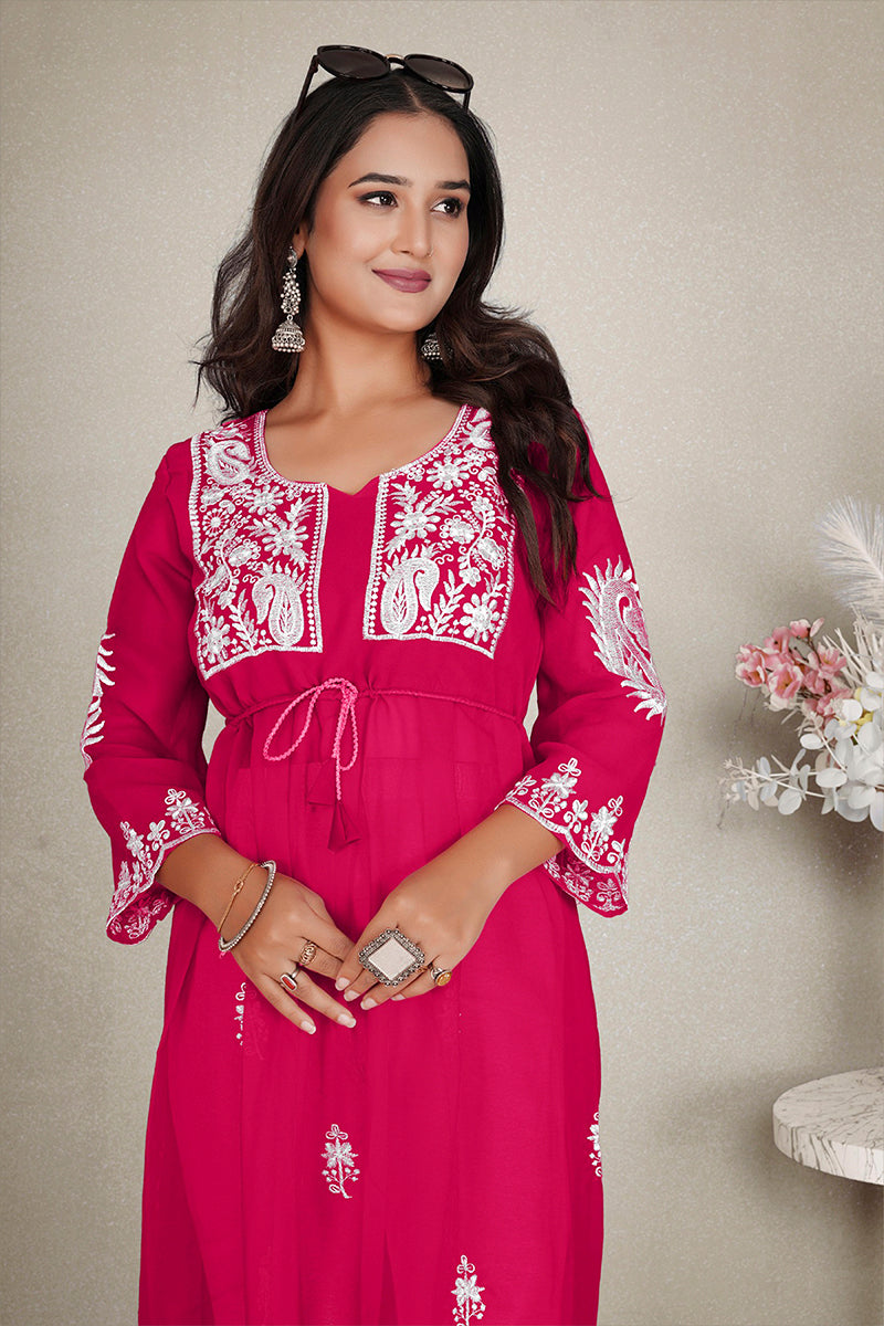 Monjolika Fashion Rani Pink Colour Embroidered Georgette Casual Kurti | Grocsy