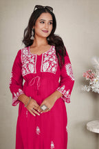 Monjolika Fashion Rani Pink Colour Embroidered Georgette Casual Kurti | Grocsy