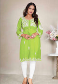 Monjolika Fashion Parrot Green Colour Embroidered Georgette Casual Kurti | Grocsy