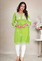 Monjolika Fashion Parrot Green Colour Embroidered Georgette Casual Kurti | Grocsy