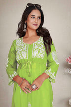 Monjolika Fashion Parrot Green Colour Embroidered Georgette Casual Kurti | Grocsy