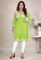 Monjolika Fashion Parrot Green Colour Embroidered Georgette Casual Kurti | Grocsy
