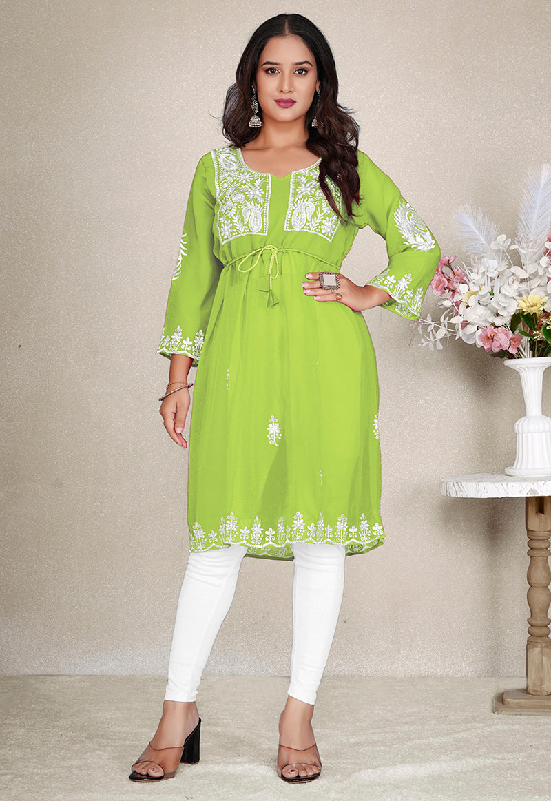 Monjolika Fashion Parrot Green Colour Embroidered Georgette Casual Kurti | Grocsy