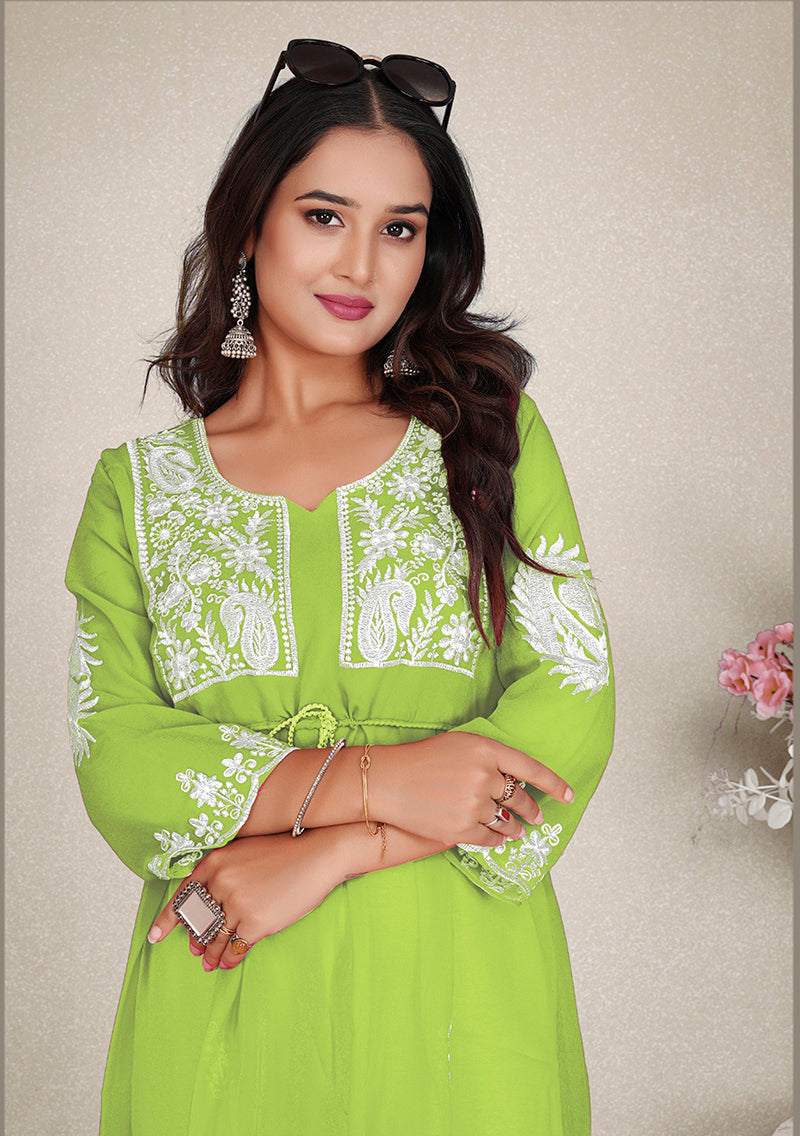 Monjolika Fashion Parrot Green Colour Embroidered Georgette Casual Kurti | Grocsy