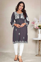 Monjolika Fashion Dark Grey Colour Embroidered Georgette Casual Kurti | Grocsy