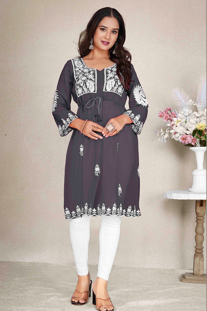 Monjolika Fashion Dark Grey Colour Embroidered Georgette Casual Kurti | Grocsy