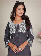 Monjolika Fashion Dark Grey Colour Embroidered Georgette Casual Kurti | Grocsy